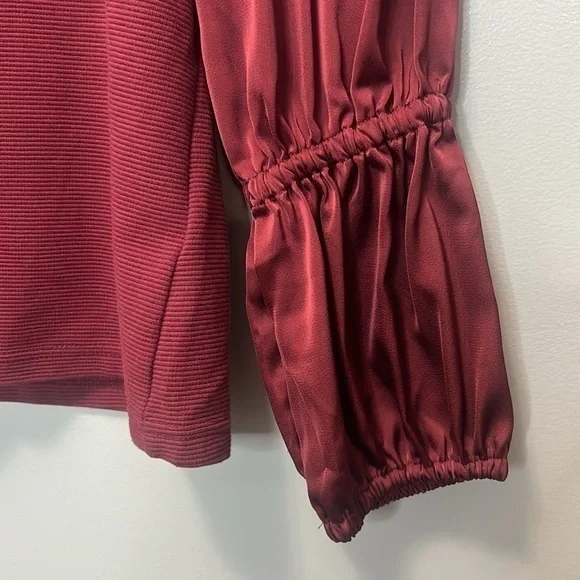 "NWT"Maeve | Anthropologie Burgundy Tiered Satin Sleeve Ribbed Knit Blouse -Sz.S - Picture 10 of 12